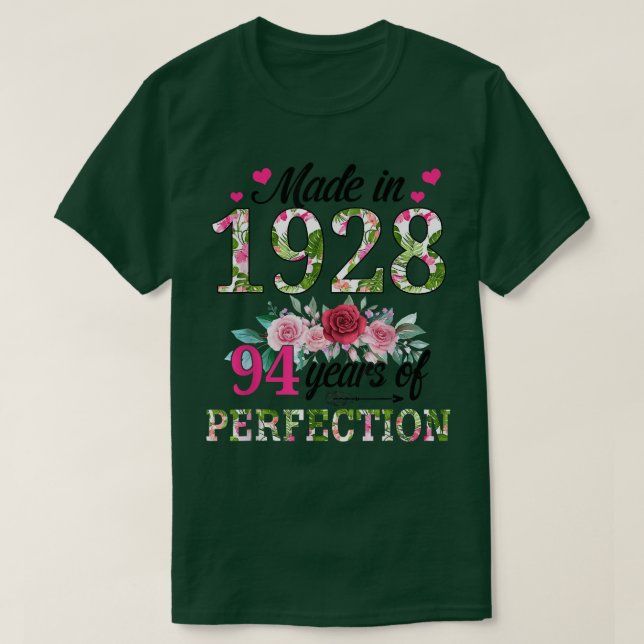 Made In 1928 Floral 94 Year Old 94th Birthday Gift T-Shirt (Design Front)