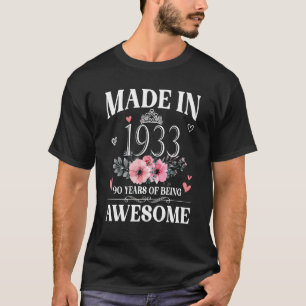 Made In 1933 Floral 90 Year Old 90th Birthday  Wom T-Shirt