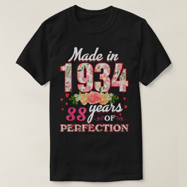 Made In 1934 Floral 88 Year Old 88Th Birthday Gift T-Shirt (Design Front)