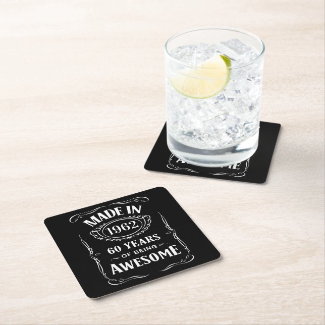 Made in 1962 60 years of being awesome 2022 bday square paper coaster (Insitu)