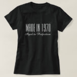 Made in 1970 Aged to perfection funny Birthday T-Shirt<br><div class="desc">Made in 1964 Aged to perfection funny Birthday t shirt for women. Cute gift idea for 50th Birthday in 2020. Customisable year number and colours. Elegant script text template. Age specific Birthday humour. Fun for mum,  aunt,  wife,  grandma,  colleague,  co worker,  friend,  sister etc.</div>