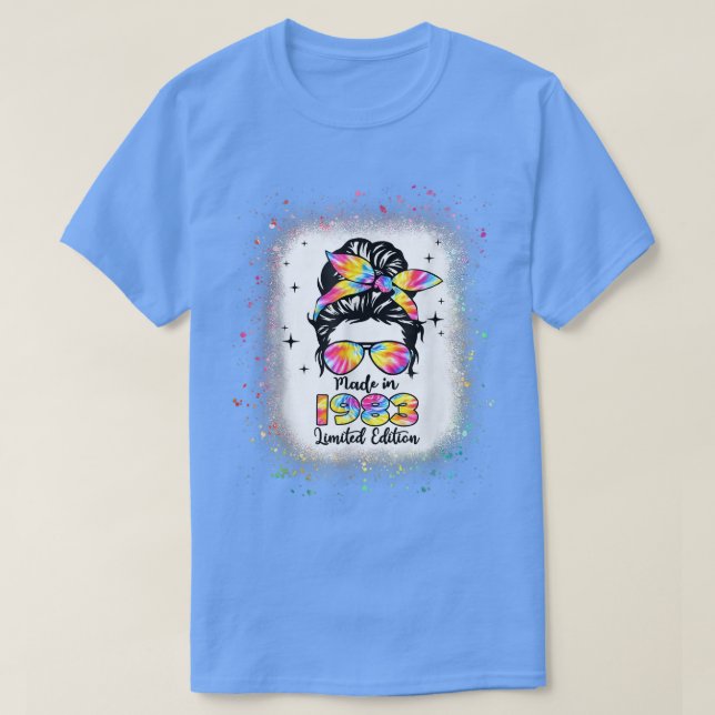 Made in 1983 Birthday Bleached Tie Dye Mess Bun Wo T-Shirt (Design Front)
