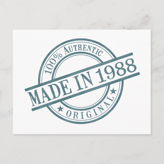Made in 1988 Birth Year Round Rubber Stamp Logo Postcard (Front)