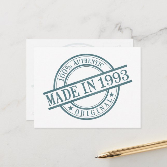 Made in 1993 Birth Year Round Rubber Stamp Logo Postcard (Front/Back In Situ)