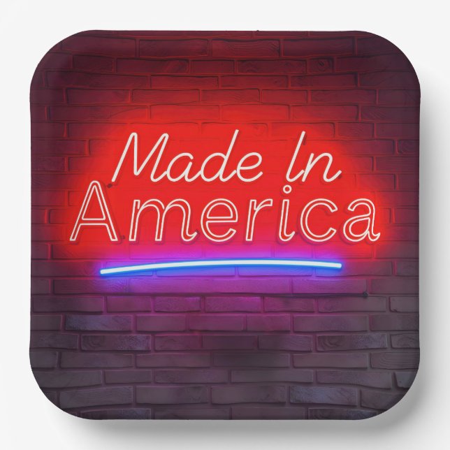 Made In America Neon Sign On Brick Paper Plate (Front)