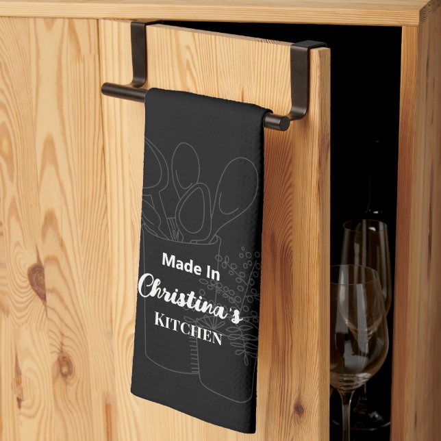 Made In [Your Name] Kitchen Black Wooden Spoon Tea Towel (Thirds Fold)