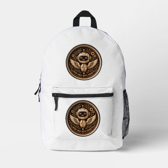 Made Only With Prompts Funny AI Coffee Robot Printed Backpack (Front)