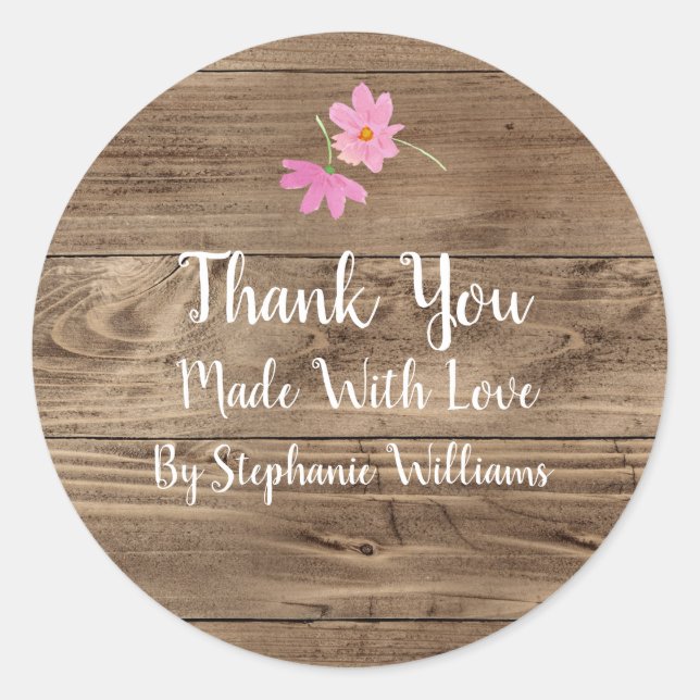 Made with Love | Barn Wood & Pink Floral Thank You Classic Round Sticker (Front)