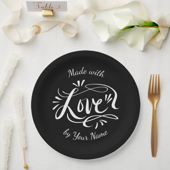 Made with love beautiful hand lettered black paper plate (Wedding)