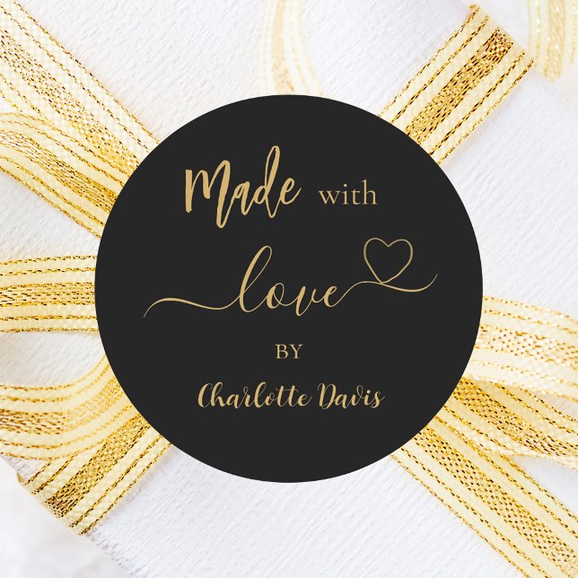 Made with love black gold name classic round sticker (Creator Uploaded)