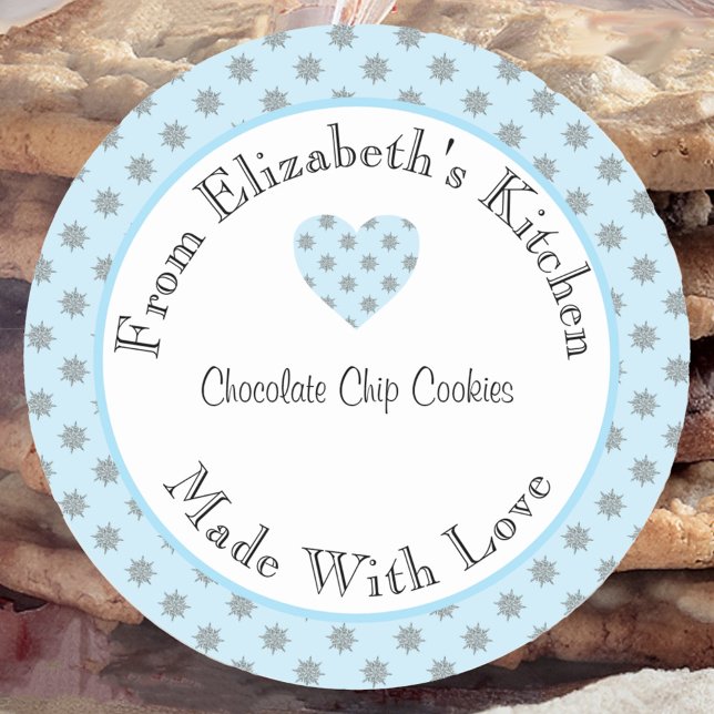 Made With Love Blue Snowflakes Home Baked Gift Classic Round Sticker (Creator Uploaded)