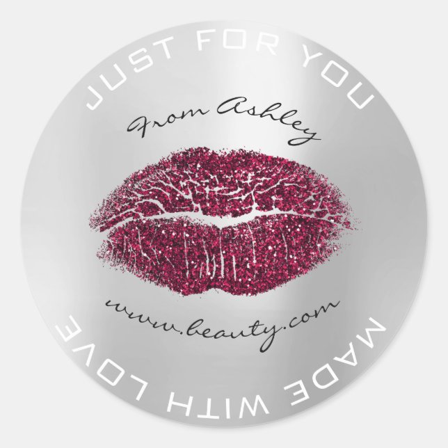 Made With Love Burgund Metal Grey Makeup Lips Kiss Classic Round Sticker (Front)