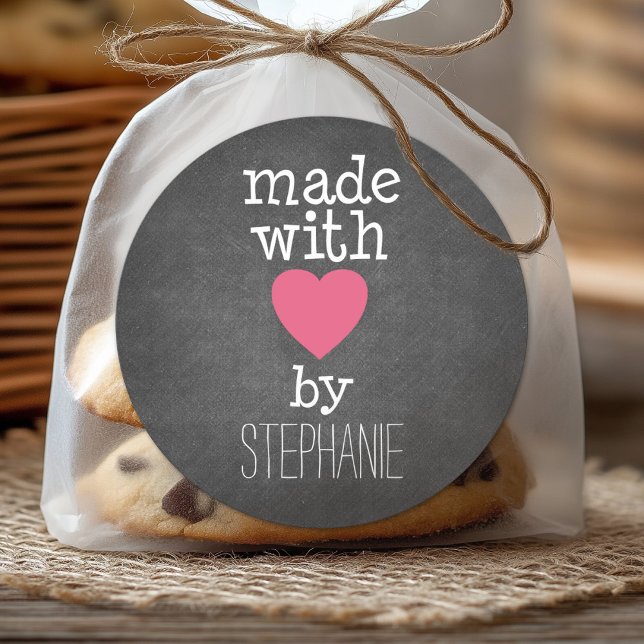Made With Love By You - hot pink and chalkboard Classic Round Sticker (Custom Sticker for Party Favors or Envelopes)