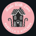 Made With Love Christmas Classic Round Sticker<br><div class="desc">A personalised "made with love" sticker featuring a cute little gingerbread house with a heart and the words,  made with love on a pink coloured background. Personalise it by adding your own name. A pretty finishing touch for all of your homemade gifts. Designed for you by Blackberry Boulevard.</div>