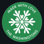 Made with Love Christmas Snowflake Sticker<br><div class="desc">A green and white snowflake sticker with the greeting,  Made with love.  Personalise it with your family name. Fun for your homemade or handmade Christmas neighbour treats and gifts. Designed for you by Blackberry Boulevard.</div>