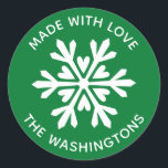 Made with Love Christmas Snowflake Sticker<br><div class="desc">A green and white snowflake sticker with the greeting,  Made with love.  Personalise it with your family name. Fun for your homemade or handmade Christmas neighbour treats and gifts. Designed for you by Blackberry Boulevard.</div>