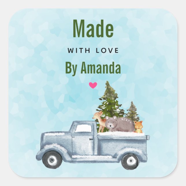 Made with Love Christmas Truck with Forest Animals Square Sticker (Front)