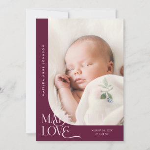 Made With Love Cranberry Photo Birth Announcement
