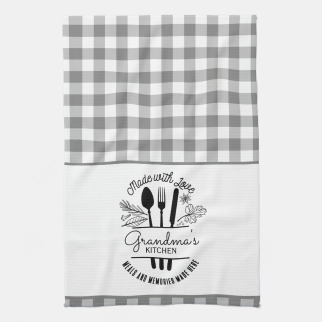 Made With Love Custom Name Grey Buffalo Plaid Tea Towel (Vertical)