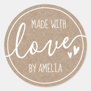 Made with love custom name hearts Kraft paper look Classic Round Sticker
