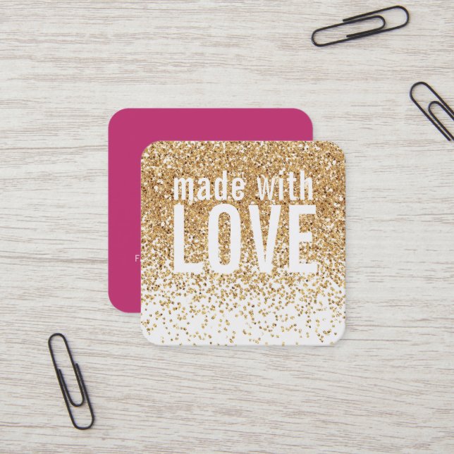 MADE WITH LOVE cute confetti gold glitter pink Square Business Card (Front/Back In Situ)