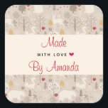 Made with Love Cute Forest Animals Nordic Pattern Square Sticker<br><div class="desc">Made with love personalised stickers with a cute Nordic style pattern. Winter pine trees,  bears,  reindeer and squirrels. Light brown colour.</div>