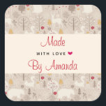 Made with Love Cute Forest Animals Nordic Pattern Square Sticker<br><div class="desc">Made with love personalised stickers with a cute Nordic style pattern. Winter pine trees,  bears,  reindeer and squirrels. Light brown colour.</div>