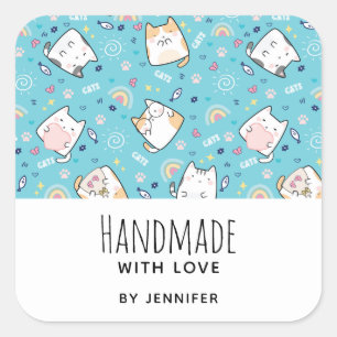 Made with Love Cute Kitty Cat Pattern Whimsical Square Sticker