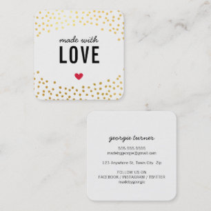 MADE WITH LOVE cute packaging confetti gold black Square Business Card