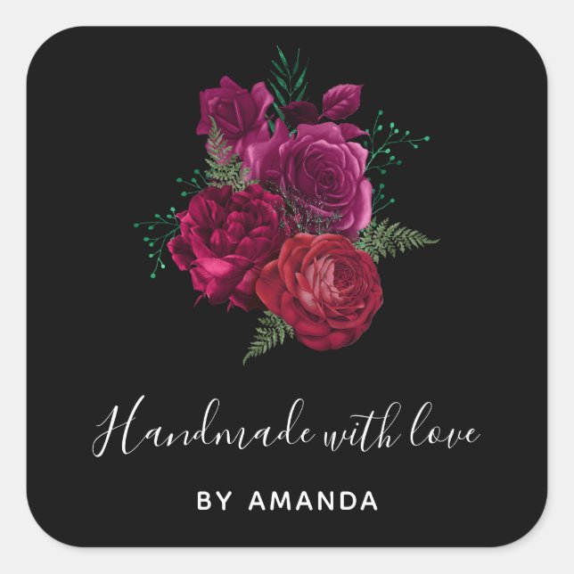 Made with Love Elegant Magenta Rose Floral Bouquet Square Sticker (Front)