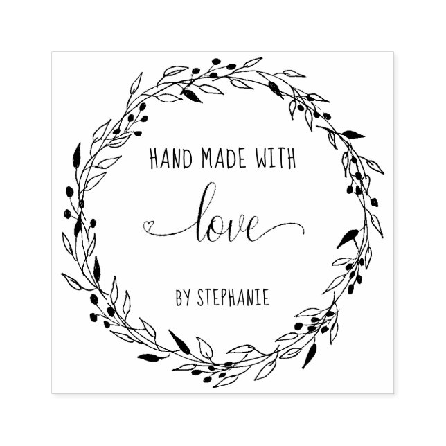 Made With Love Floral Heart Wreath Personalised Rubber Stamp (Imprint)