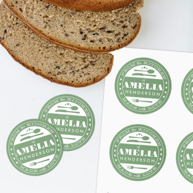 Made With Love Food Gift Sticker green kraft paper (custom homemade treats gift sticker from the kitchen and made with love)