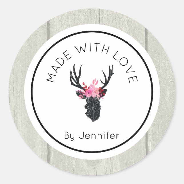 Made with Love Geometric Deer Head Rustic Classic Round Sticker (Front)