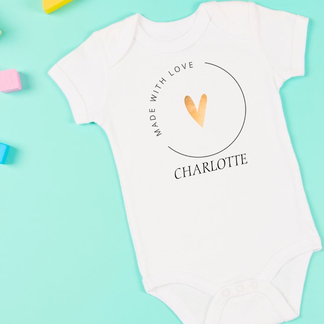 Made with Love Gold Heart Baby's Name Baby Bodysuit (Creator Uploaded)