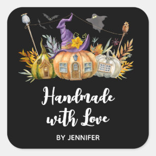 Made with Love Haunted Pumpkin House Ghosts & Bats Square Sticker