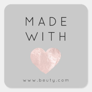 Made With Love Heart Pink Rose Web Name Rise Grey Square Sticker