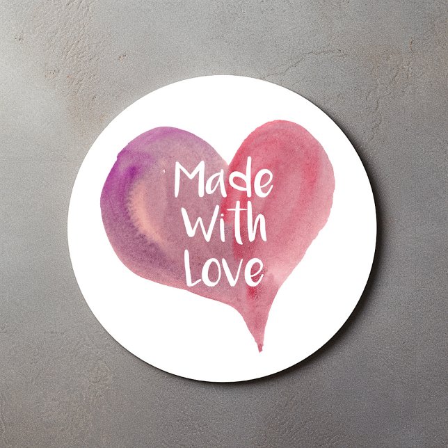 Made with love, heart sticker (Stylish watercolor pink heart "Made with love" fun text sticker)