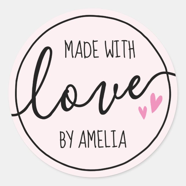 Made with love hearts custom name pale pink classic round sticker (Front)