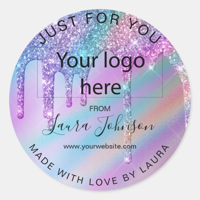made with love holograph drips add your logo classic round sticker (Front)