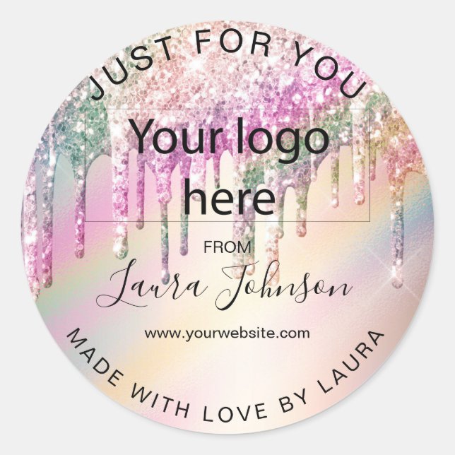 made with love holograph drips add your logo classic round sticker (Front)