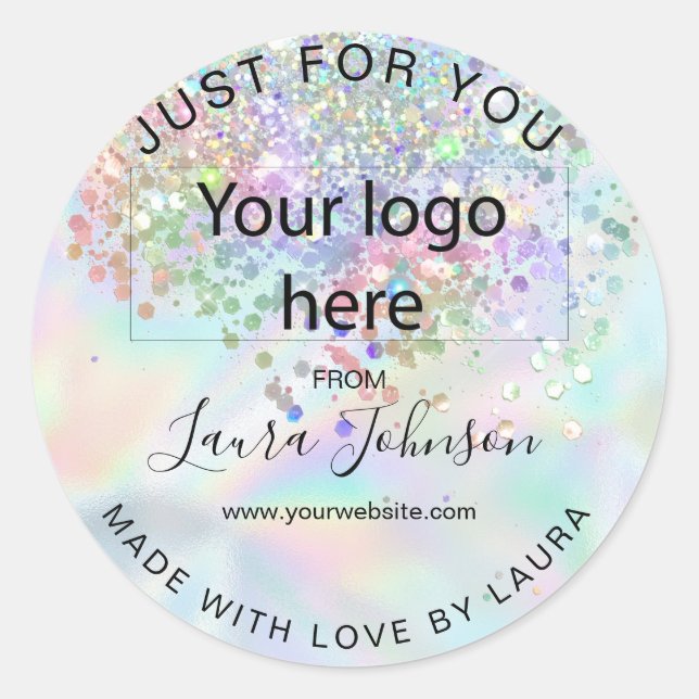 made with love holograph foil add your logo classic round sticker (Front)