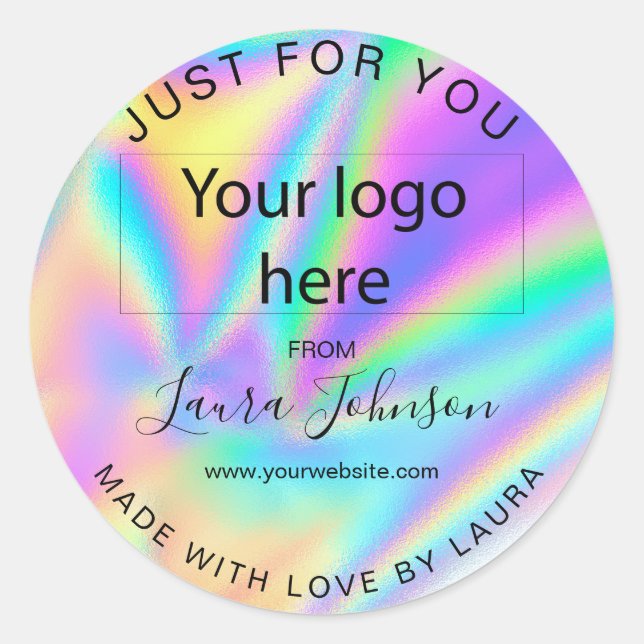made with love holograph foil add your logo classic round sticker (Front)