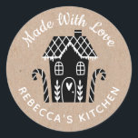 Made With Love Kraft Christmas Classic Round Stick Sticker<br><div class="desc">A personalised "made with love" sticker featuring a cute little gingerbread house with a heart and the words,  made with love on a kraft coloured background. Personalise it by adding your own name. A pretty finishing touch for all of your homemade gifts. Designed for you by Blackberry Boulevard.</div>