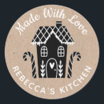 Made With Love Kraft Christmas Classic Round Sticker<br><div class="desc">A personalised "made with love" sticker featuring a cute little gingerbread house with a heart and the words,  made with love on a kraft coloured background. Personalise it by adding your own name. A pretty finishing touch for all of your homemade gifts. Designed for you by Blackberry Boulevard.</div>