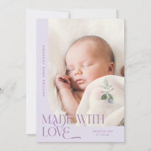 Made With Love Lilac Photo Birth Announcement
