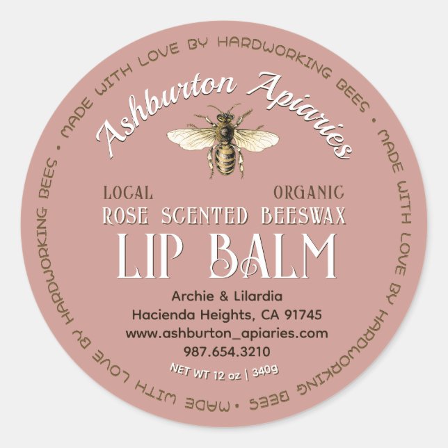 Made With Love Local Beeswax Lip Balm Label Pink (Front)