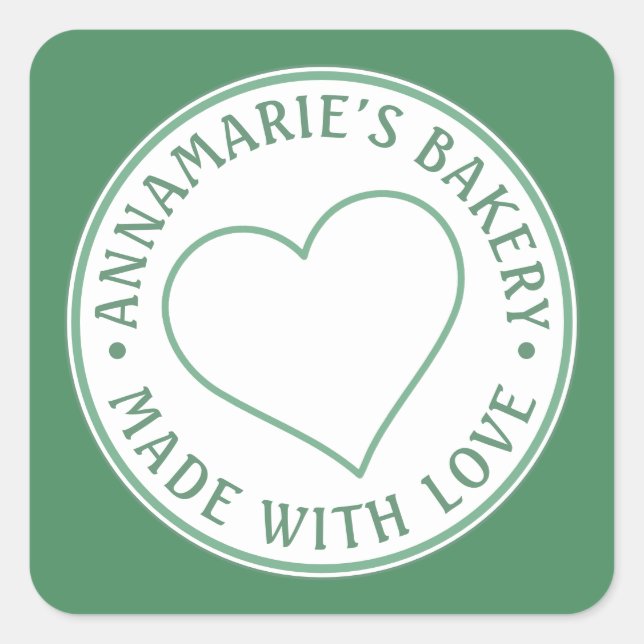 Made with Love Personalised Heart Homemade Green  Square Sticker (Front)