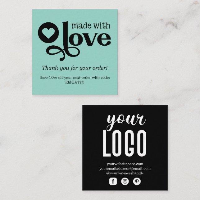 Made with Love Personalised Order Thank You Square Business Card (Front/Back)