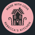 Made With Love Pink Christmas Classic Round Sticker<br><div class="desc">A personalised "made with love" sticker featuring a cute little gingerbread house with a heart and the words,  made with love on a pink coloured background. Personalise it by adding your own name. A pretty finishing touch for all of your homemade gifts. Designed for you by Blackberry Boulevard.</div>