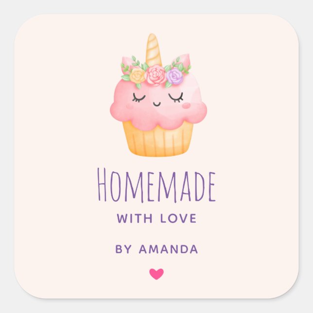 Made with Love Pink Cupcake Unicorn with Roses Square Sticker (Front)